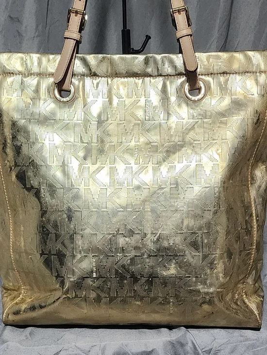 Michael Kors Pale Gold Metallic Jet Set Logo Embossed Tote Bag Shoulderbag Purse - Picture 3 of 7